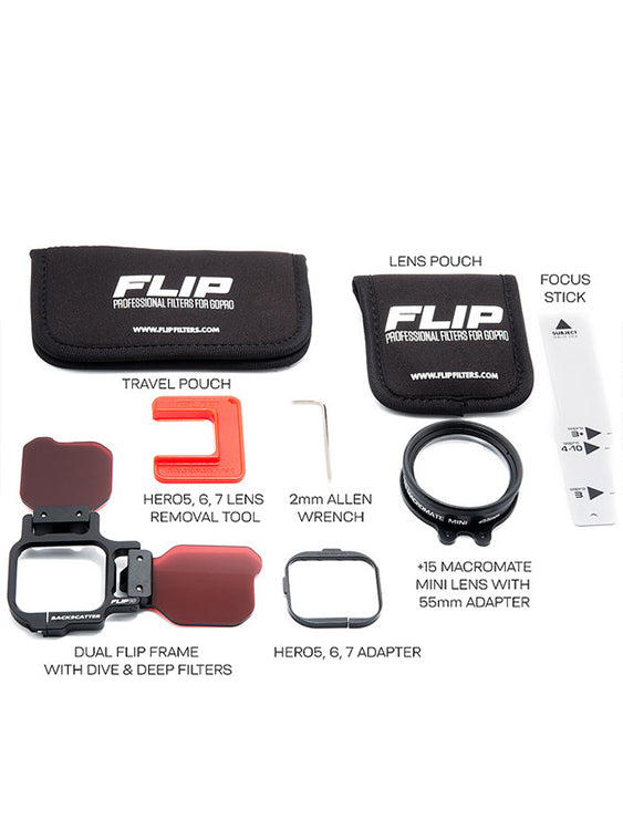 Flip 10+ Pro Package with Dive & Deep FIlters & +15 MacroMate Mini Lens Contents