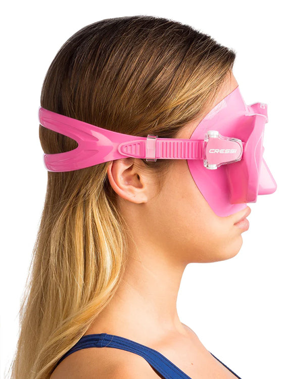 Cressi F1 Mask Pink on face sideview