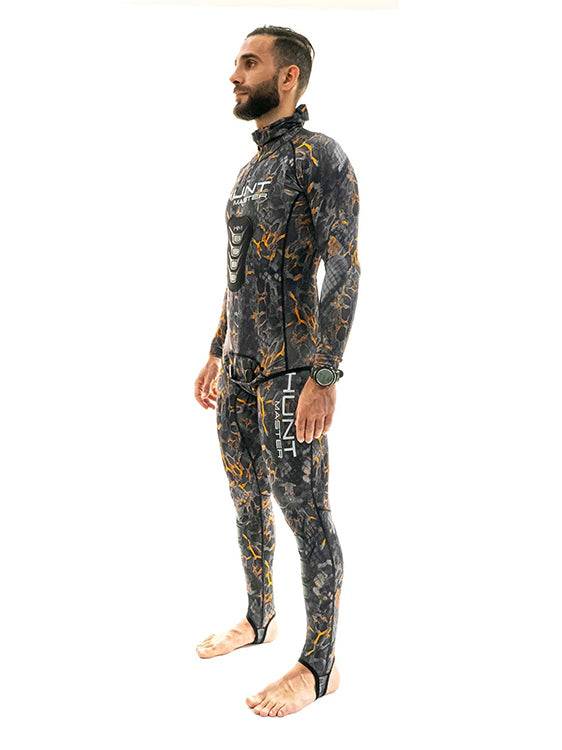 Huntmaster Hooded Spearfishing Rashguard 2-Piece Suit With Chest Pad Camo Unisex Blaze Side