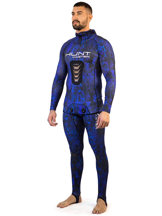 Huntmaster Hooded Spearfishing Rashguard 2-Piece Suit With Chest Pad Camo Unisex Blue Side