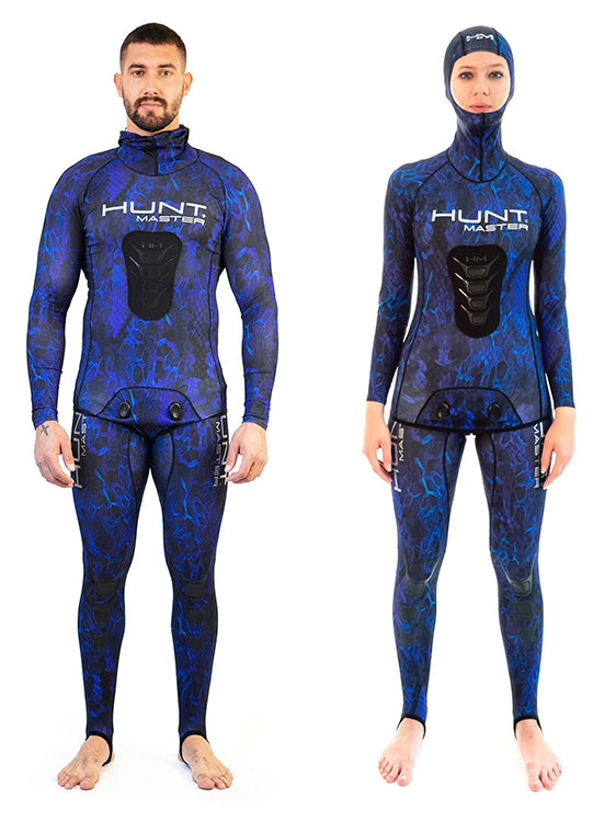 Huntmaster Hooded Spearfishing Rashguard 2-Piece Suit With Chest Pad Camo Unisex Blue