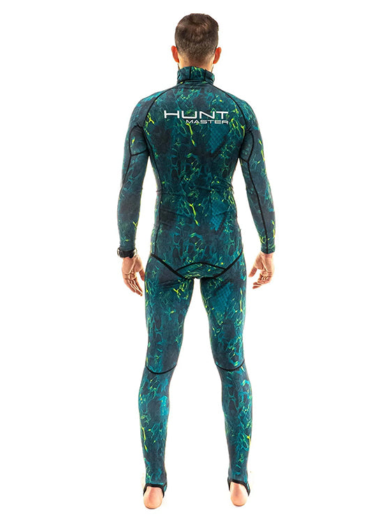Huntmaster Hooded Spearfishing Rashguard 2-Piece Suit With Chest Pad Camo Unisex Green Back
