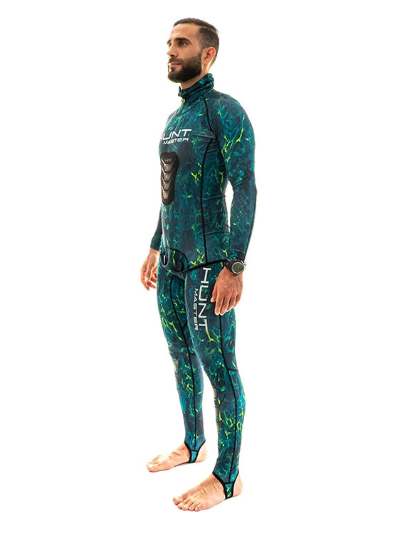 Huntmaster Hooded Spearfishing Rashguard 2-Piece Suit With Chest Pad Camo Unisex Green Side