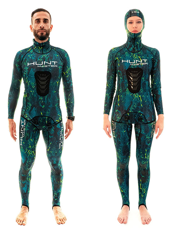Huntmaster Hooded Spearfishing Rashguard 2-Piece Suit With Chest Pad Camo Unisex Green
