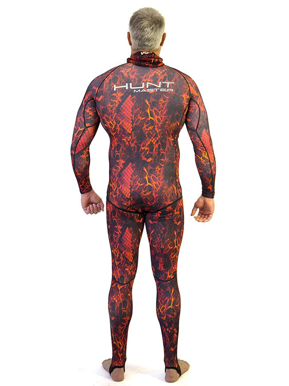 Huntmaster Hooded Spearfishing Rashguard 2-Piece Suit With Chest Pad Camo Unisex Red Back