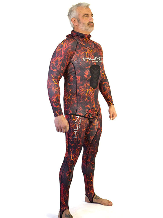 Huntmaster Hooded Spearfishing Rashguard 2-Piece Suit With Chest Pad Camo Unisex Red Side
