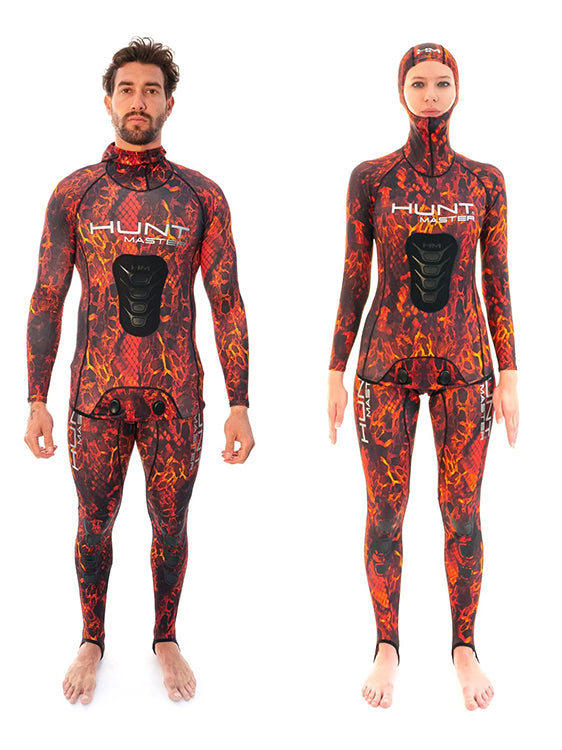 Huntmaster Hooded Spearfishing Rashguard 2-Piece Suit With Chest Pad Camo Unisex Red