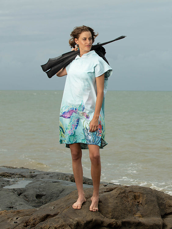 Ocean Armour Turtle Poncho Female Smiling Standing with Fins