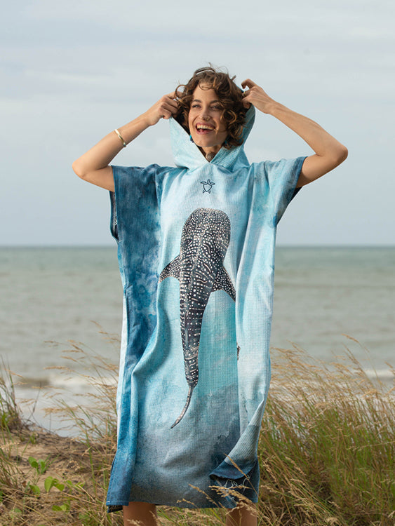 Ocean Armour Whale Shark Poncho Lifestyle Female Front Smiling