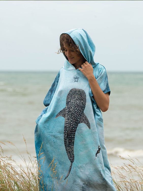 Ocean Armour Whale Shark Poncho Lifestyle Female Front Standing