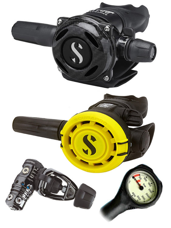 Scubapro Regulator Set: MK25 Evo Black Tech Yoke / A700 Carbon / R105 & Free Termo Gauge