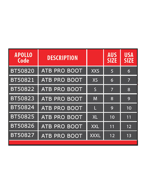 Apollo ATB Boots Size Chart