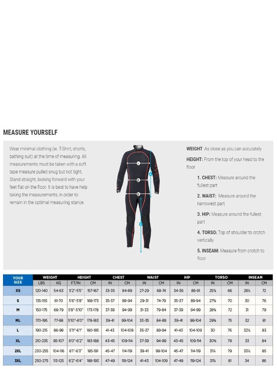 Bare Reactive Titan Black 7mm Wetsuit Mens Size Chart