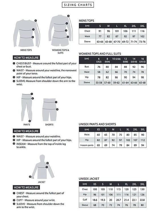 Enth Degree Sizing Chart - Tops and Pants