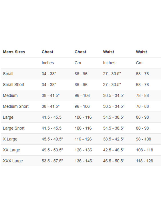 Fourth Element X-Core Mens Vest Size Chart