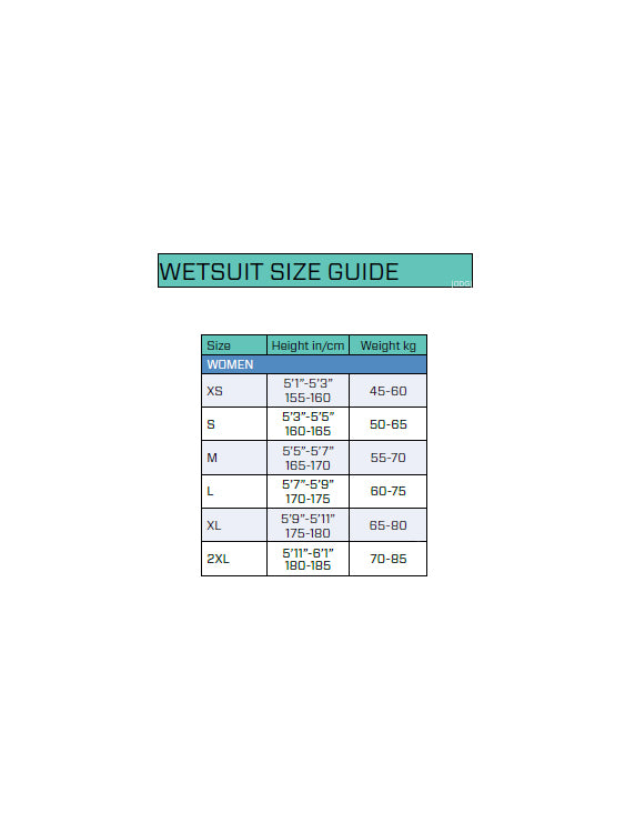 Scubapro Sport 5mm (2nd Gen) Ladies Wetsuit Size Chart