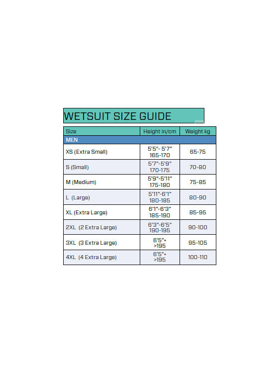 Scubapro Nova Scotia Semi-Dry 7.5mm Mens Wetsuit Size Chart